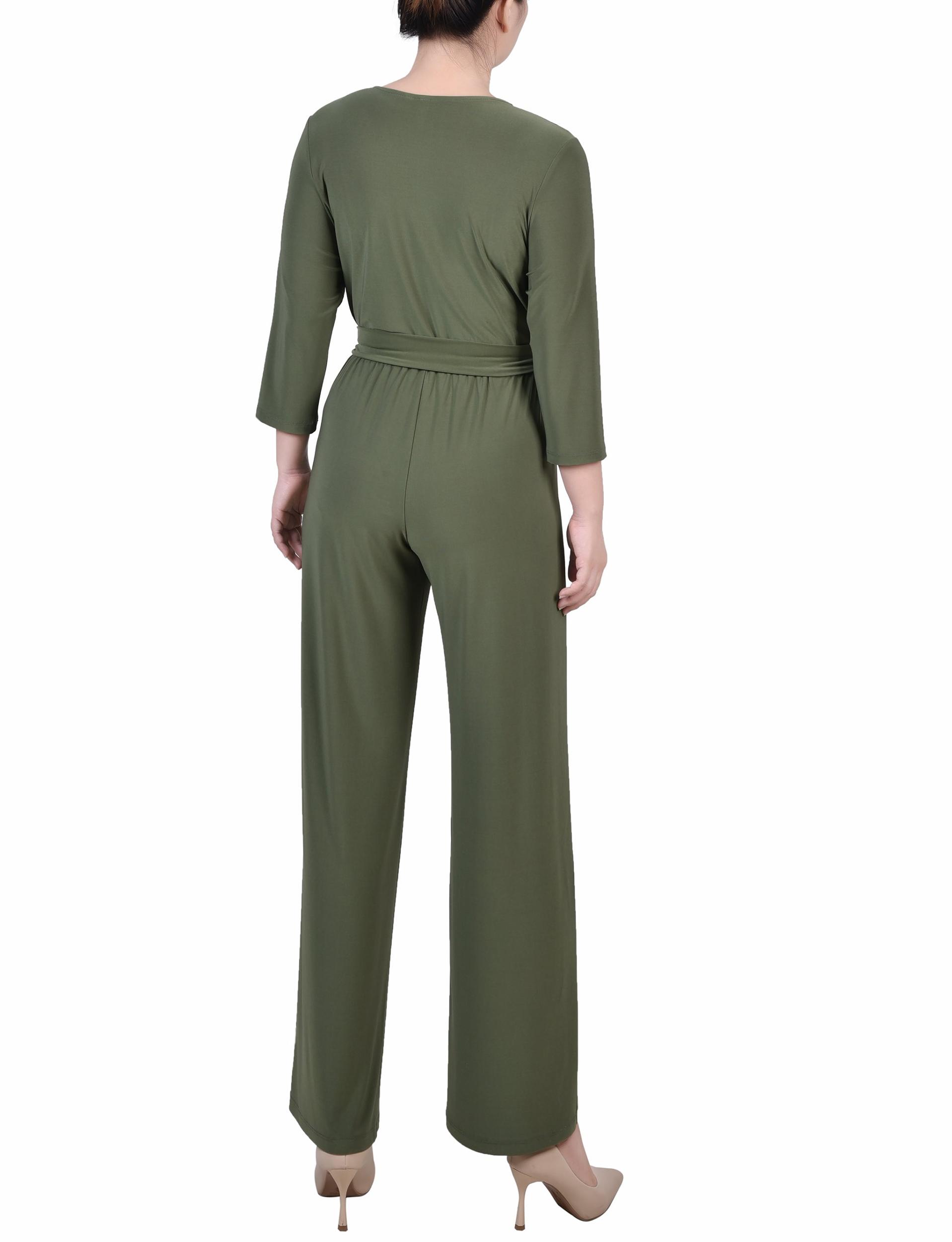 Olive Short 3/4 Sleeve Belted Jumpsuit - Petite Product Image