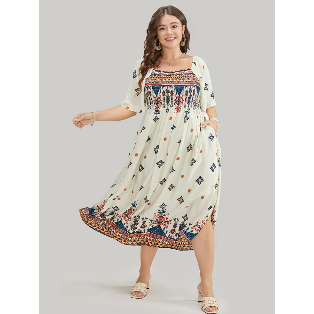 Plus Size Bandana Print Square Neck Pocket Shirred Frill Trim Split Dress Multicolor Women Vacation Frill Trim Square Neck Short sleeve Curvy Midi Dress BloomChic 10/M Product Image