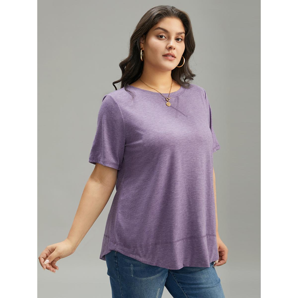 Plus Size Contrast Stitch Round Neck Curved Hem T-shirt Purple Women Casual Plain Plain Round Neck Dailywear T-shirts BloomChic 28/5X Product Image