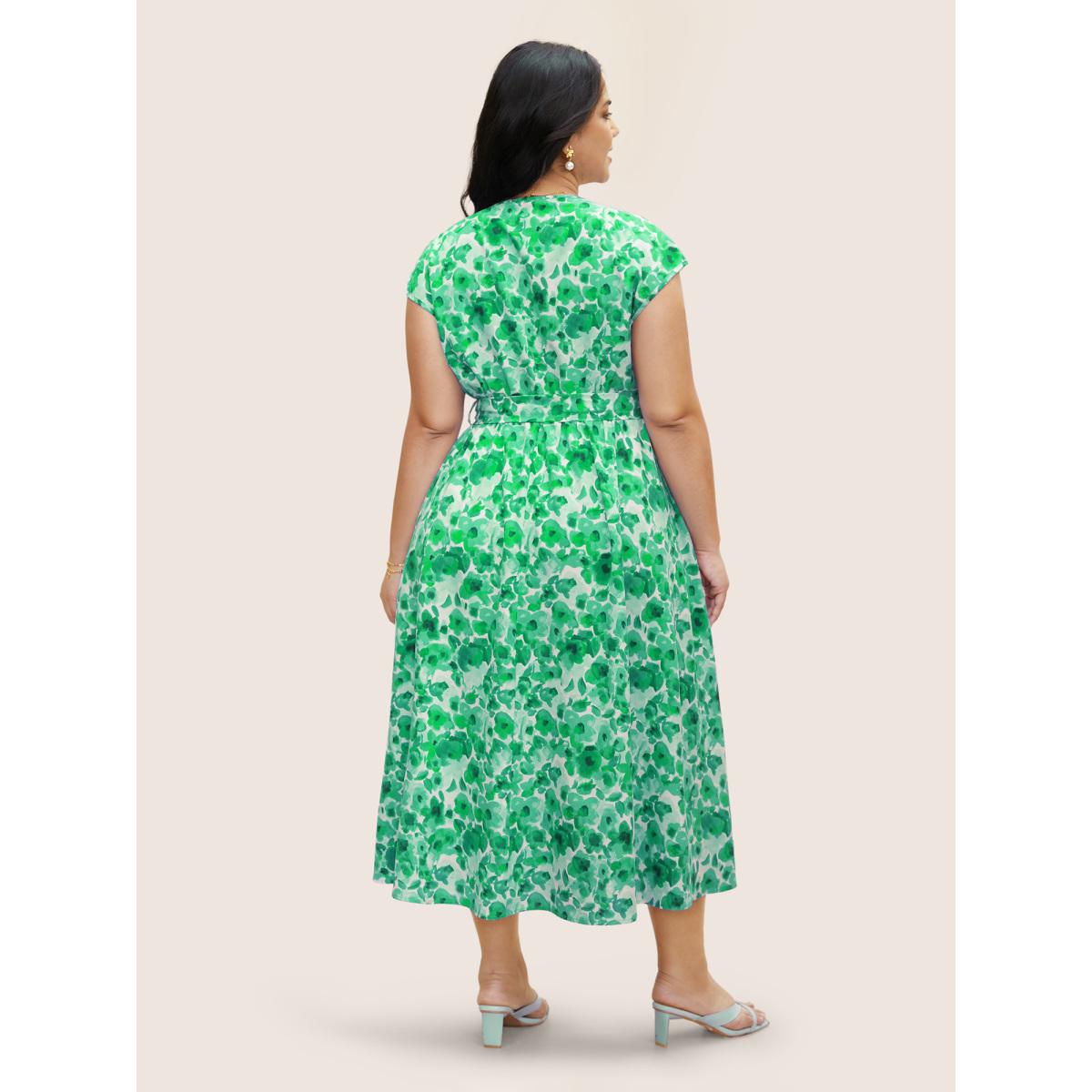 Plus Size Watercolor Floral Dolman Sleeve Maxi Dress Emerald Women Elegant Belted V-neck Sleeveless Curvy BloomChic 18-20/2X Product Image