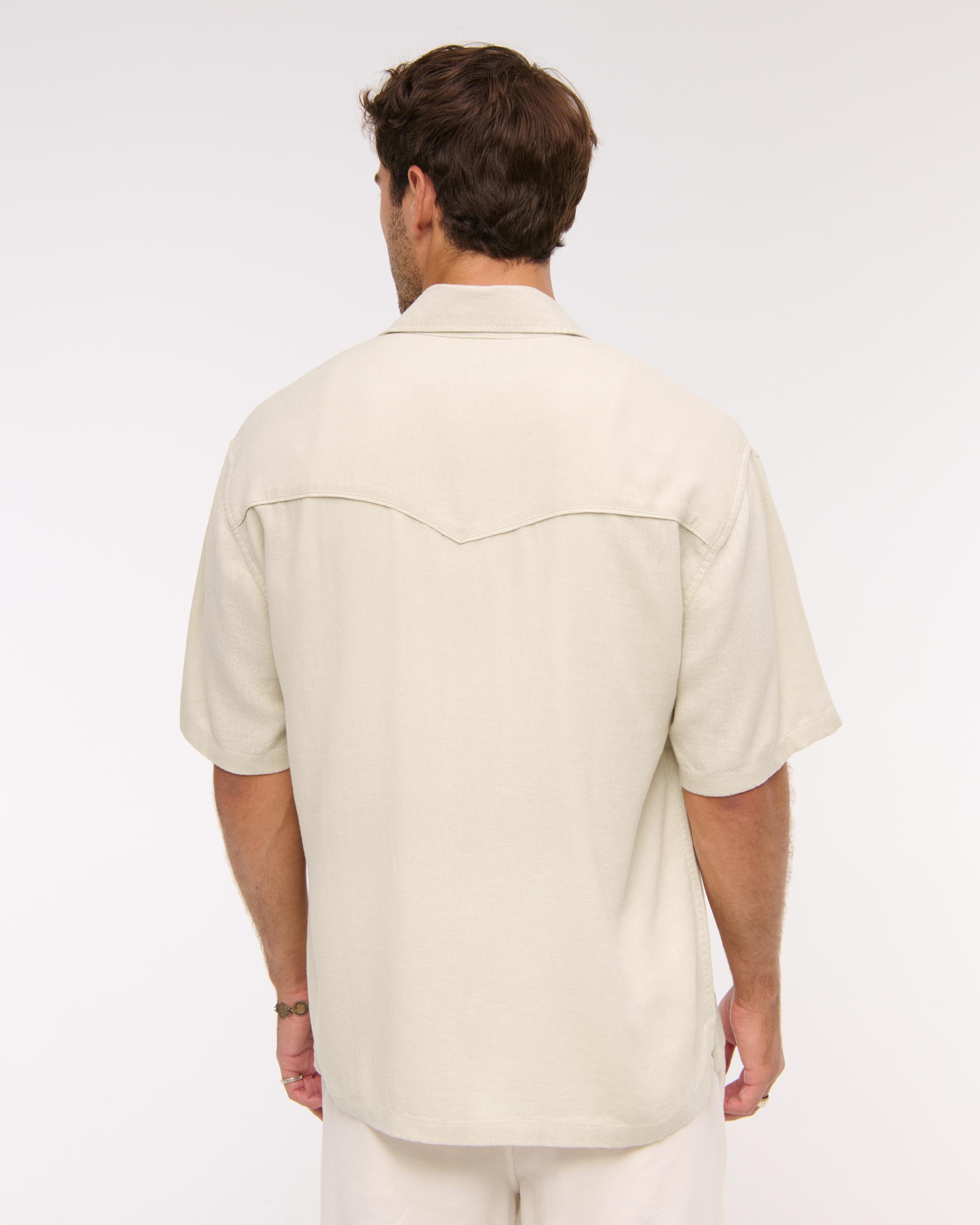 Short-Sleeve Summer Linen-Blend Button-Up Shirt Product Image