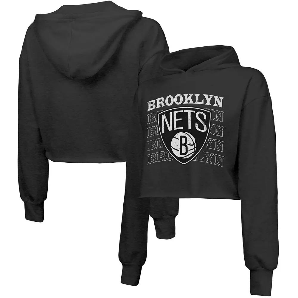 Women's Majestic Threads Black Brooklyn Nets Repeat Cropped Tri-Blend Pullover Hoodie,  Product Image