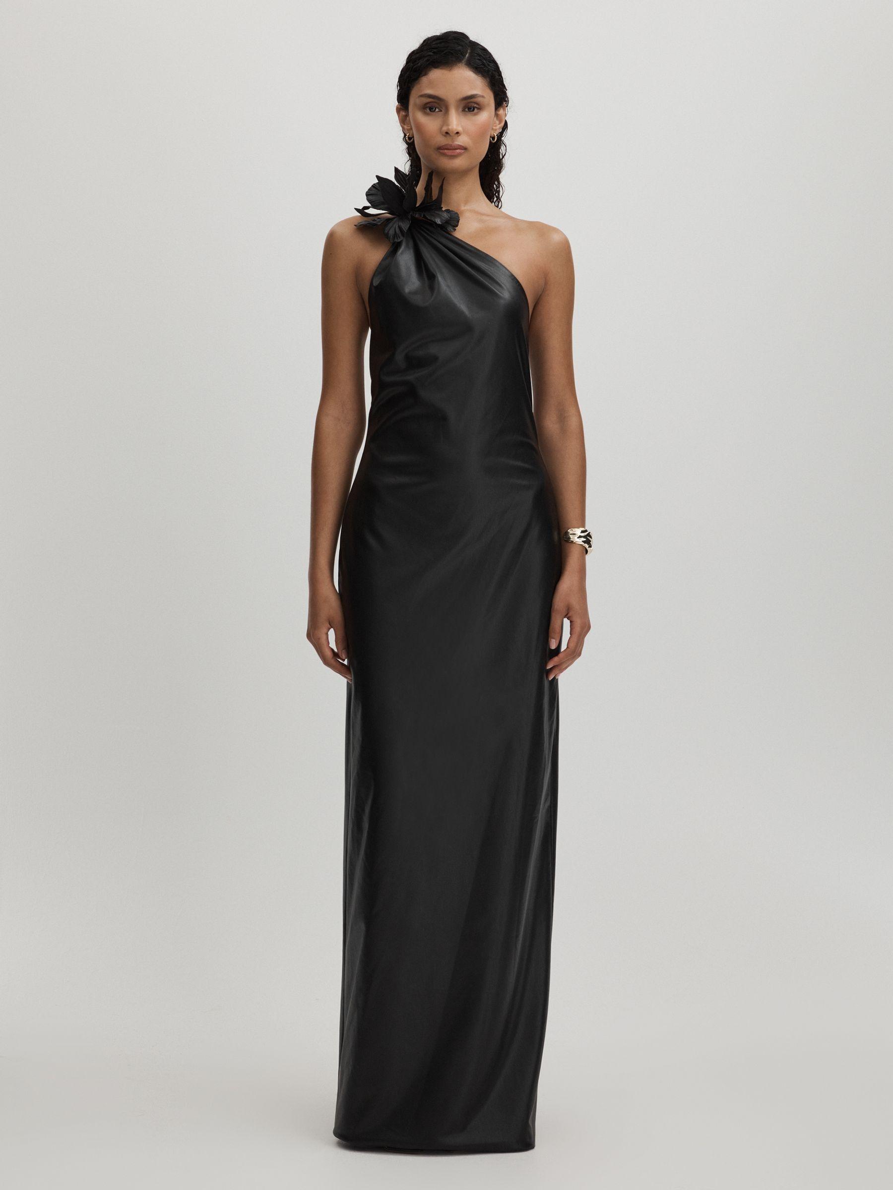 Halston Faux Leather One-Shoulder Maxi Dress in Black Product Image