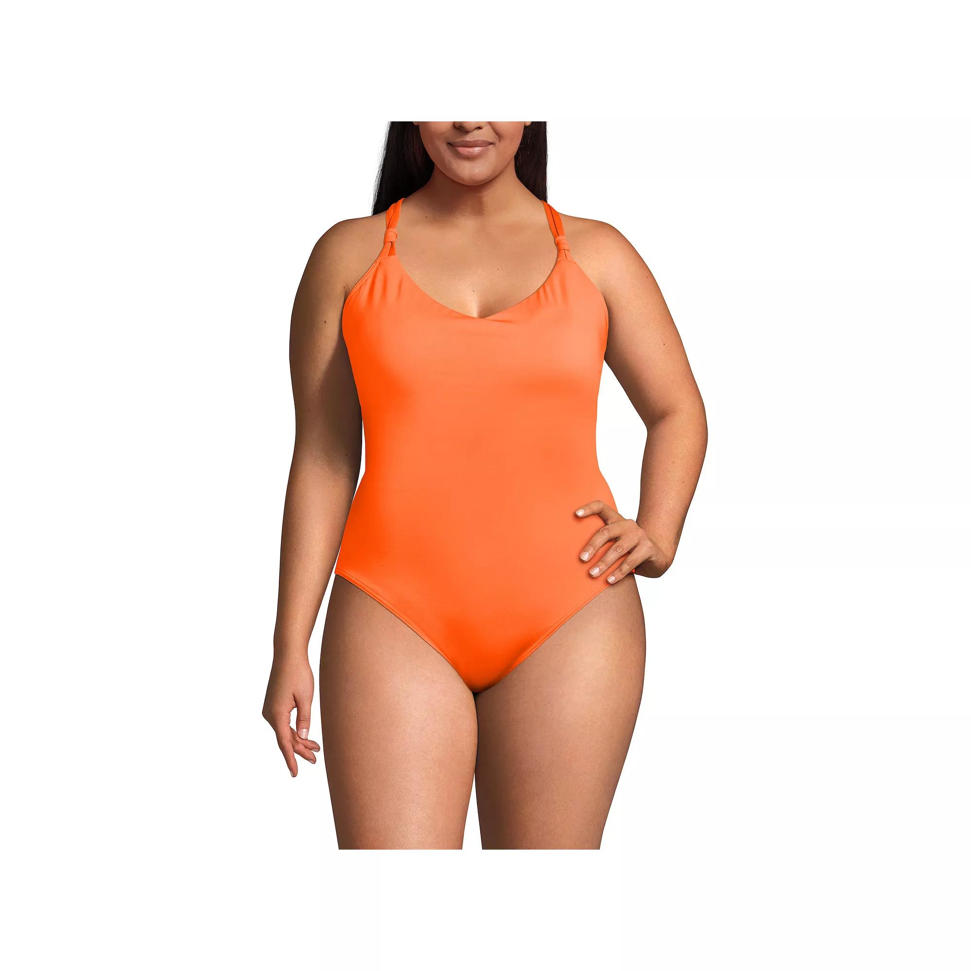 Plus Size Lands' End Tugless QuickDry V-Neck Multi-Way High Leg One Piece Swimsuit, Women's, Size: 16 W, Neon Orange Product Image