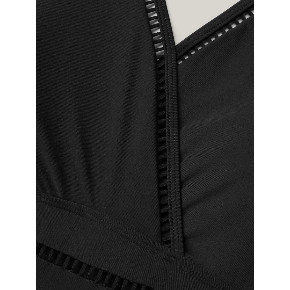 Plus Size Cut-Out Surplice Neck Webbed Swim Dress Women's Swimwear Black Beach Bodycon Overlap Collar High stretch Curve Swim Dresses BloomChic 12/L Product Image