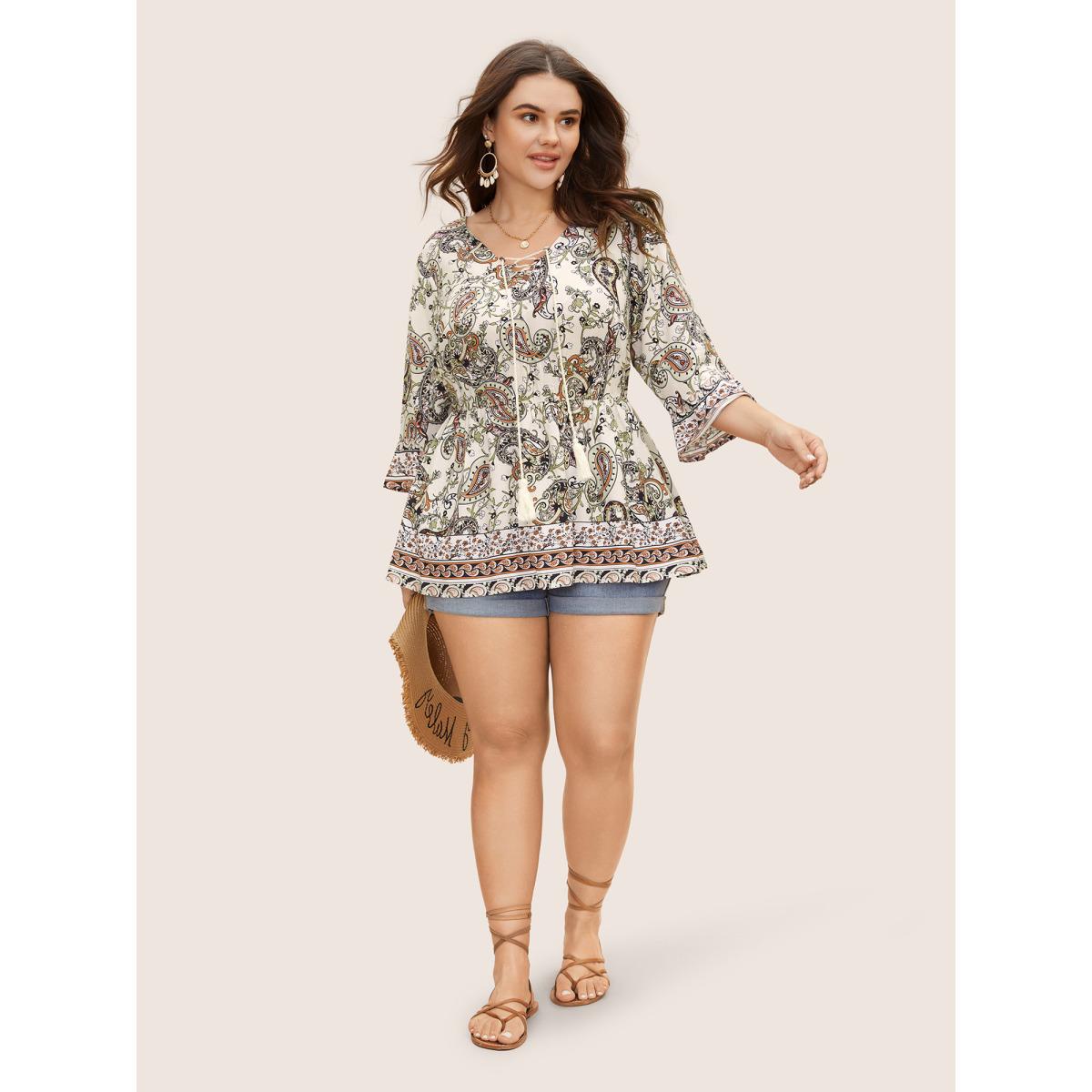 Plus Size Multicolor Boho Print Tie Knot Tassels Crisscross Blouse Women Boho Elbow-length sleeve V-neck Vacation Blouses BloomChic 30/6X Product Image