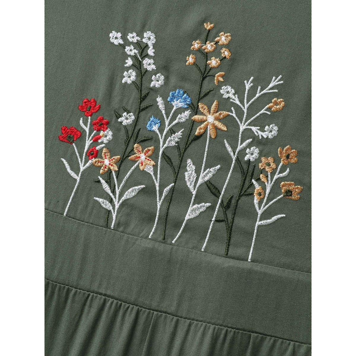 Plus Size Rayon Floral Embroidery Stretchy Waist Midi Dress ArmyGreen Women Leisure Non Sleeveless Curvy BloomChic 14-16/1X Product Image