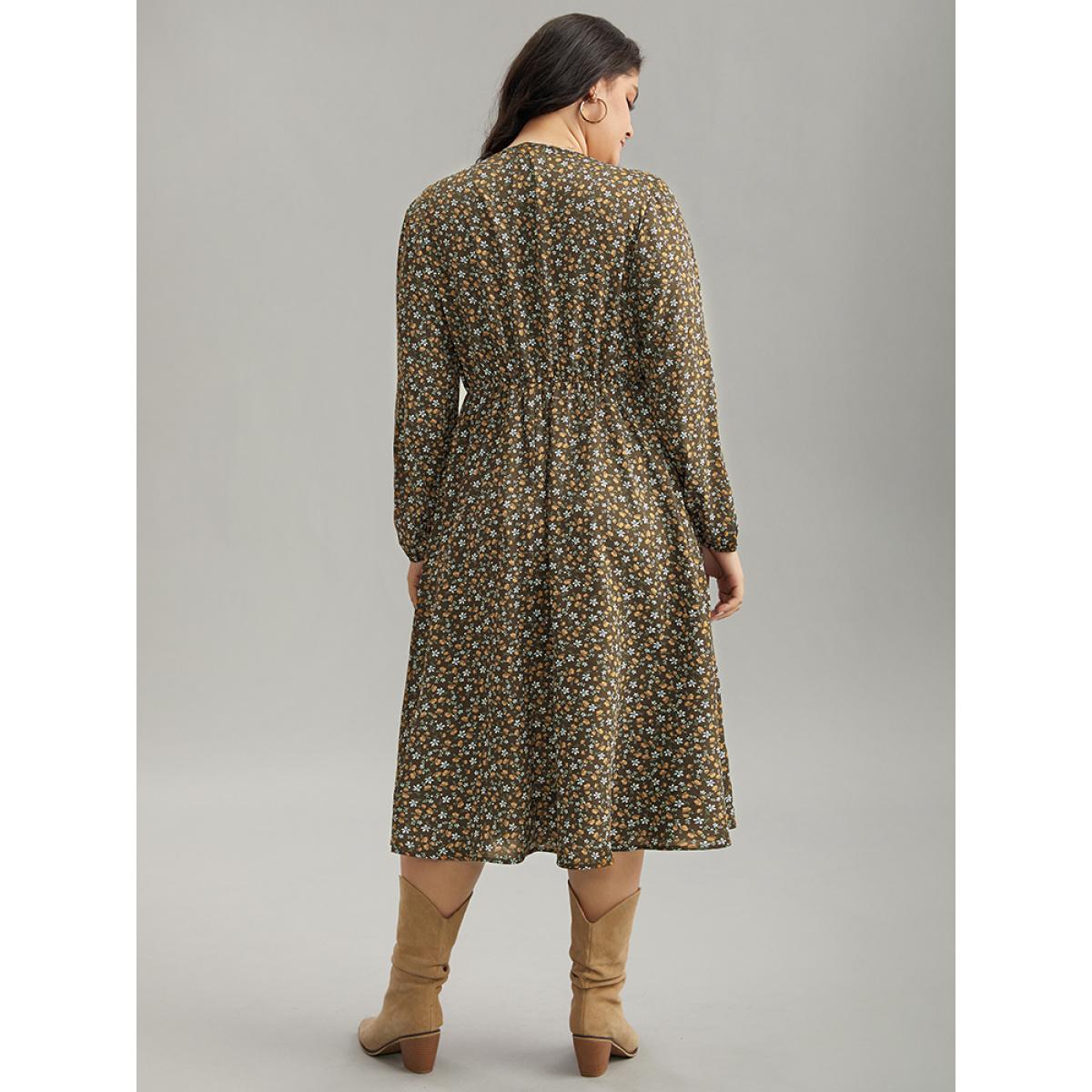 Plus Size Ditsy Floral Pocket Lantern Sleeve Knee Dress Bronze Women Elegant Elastic cuffs Round Neck Long Sleeve Curvy Midi Dress BloomChic 28/5X Product Image