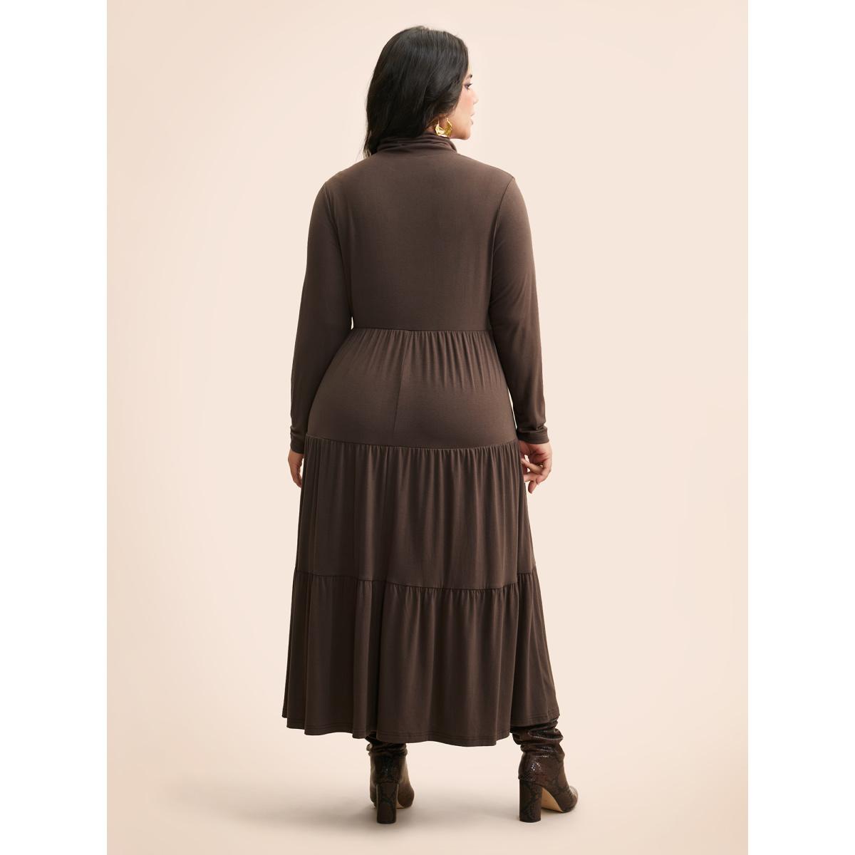 Plus Size Supersoft Essentials Funnel Neck Tiered Midi Dress DarkBrown Women Casual Ruffles Mock Neck Long Sleeve Curvy BloomChic 28/5X Product Image