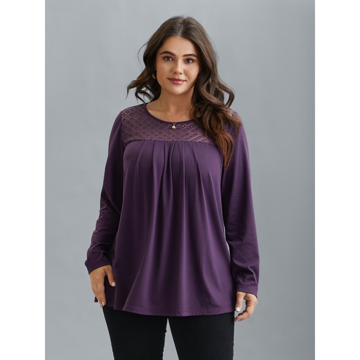 Plus Size Crew Neck Lace Detail Pleated T-Shirt Eggplant Women Elegant See through Round Neck Everyday T-shirts BloomChic 14-16/1X Product Image