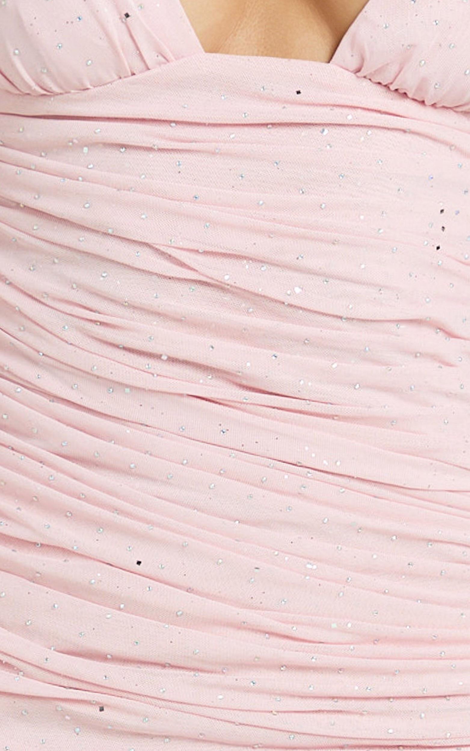 Alina Mini Dress - Asymmetrical V Neck Ruched Dress in Blush Product Image