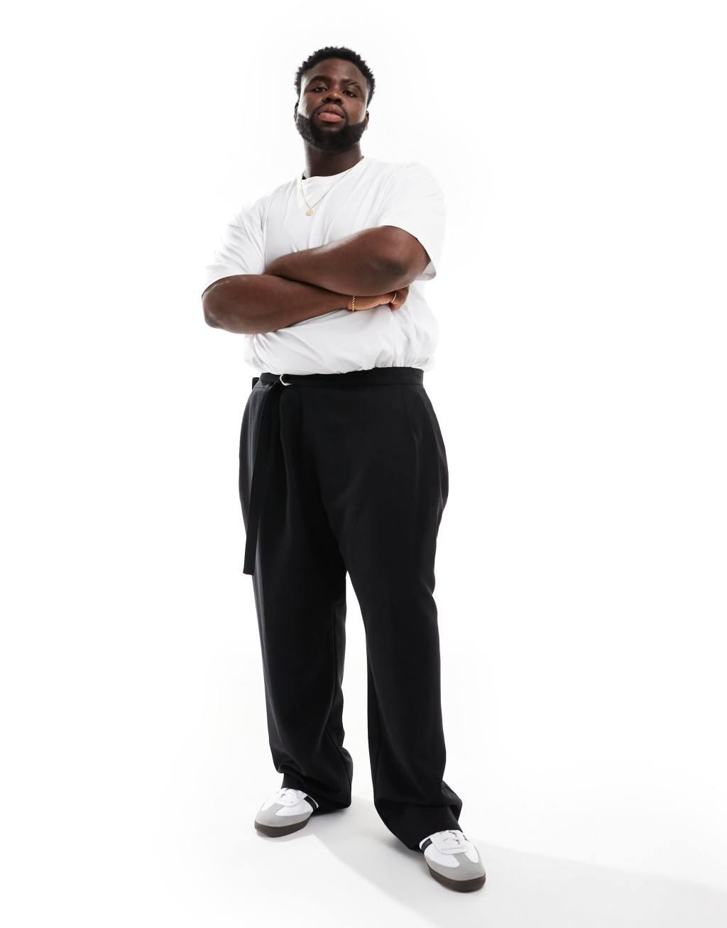 ASOS DESIGN wide leg dress pants with crossover side belt in black Product Image