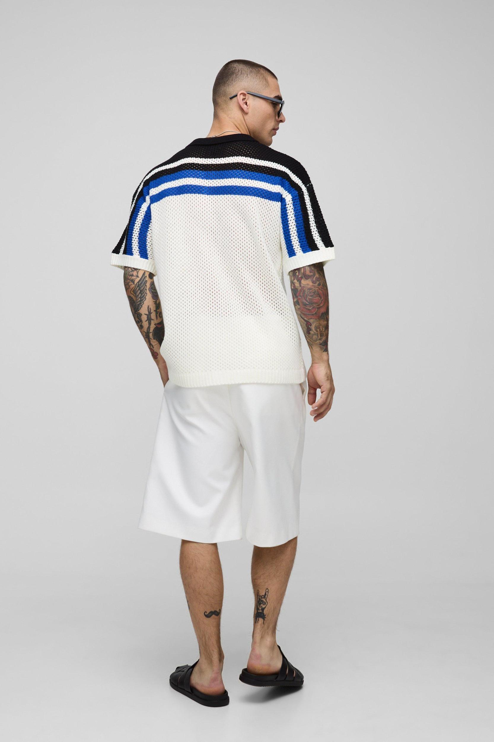 Relaxed Fit Striped Open Stitch Knitted Shirt | boohooMAN USA Product Image