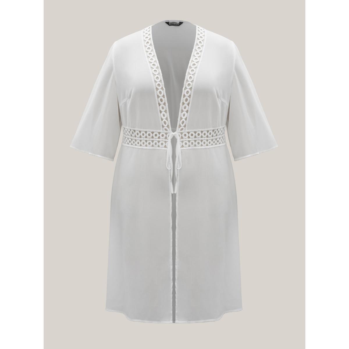 Plus Size Lace Patchwork Sheer Open-Front Kimono Women Originalwhite Elegant Woven ribbon&lace trim Everyday Kimonos BloomChic 18-20/2X Product Image