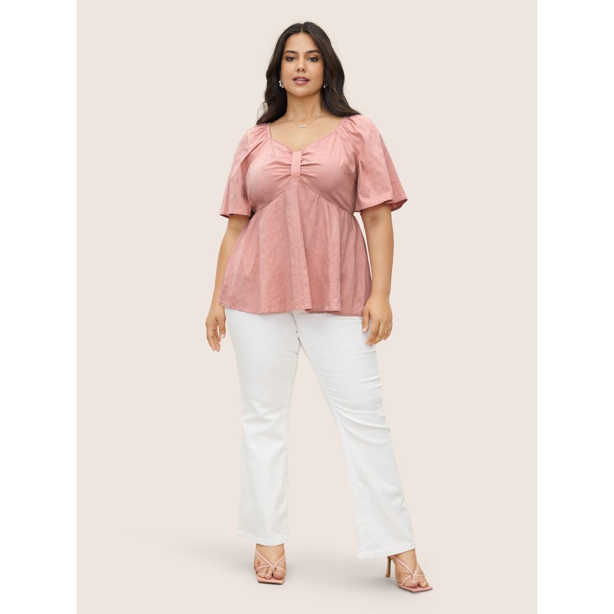 Plus Size Rouge Plain Heart Neckline Ruched Ruffle Sleeve Blouse Women Elegant Half Sleeve Heart neckline Everyday Blouses BloomChic 28/5X Product Image