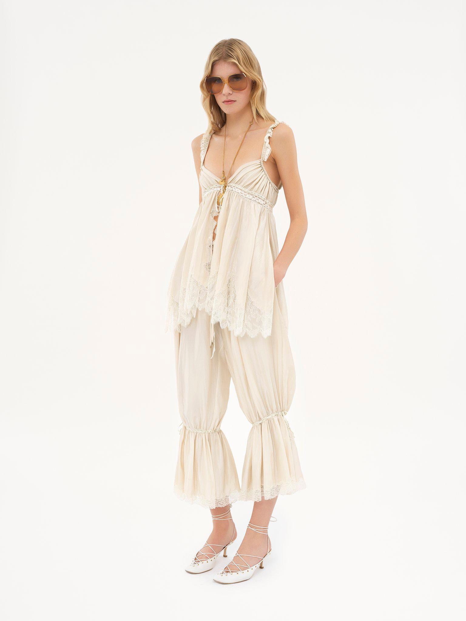Fluid cropped pants in washed silk pongé & lace Product Image