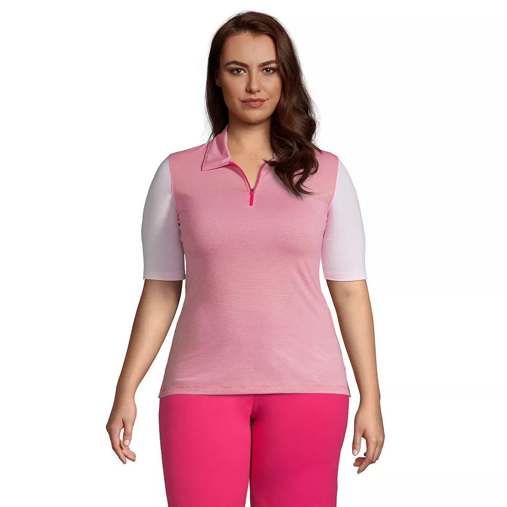 Plus Size Lands' End Power Performance Quarter-Zip Polo Shirt, Women's, Size: 1XL, Pink Stripe Mix Product Image