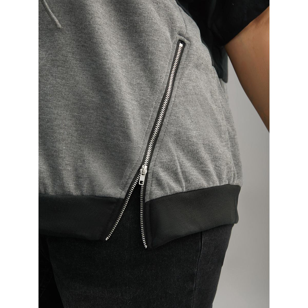 Plus Size Contrast Colorblock Hooded Zipper Detail Sweatshirt Women Gray Casual Contrast Hooded Dailywear Sweatshirts BloomChic 30/6X Product Image