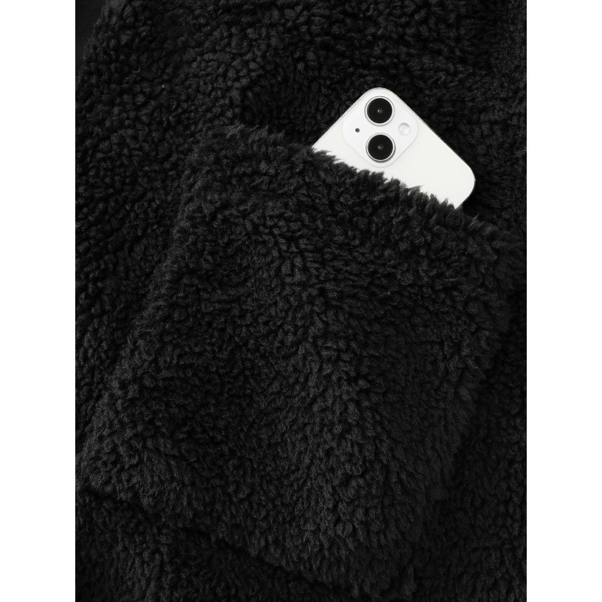 Plus Size Faux Shearling Zipper Pockets Jacket Women Black Texture Patch pocket Casual Jackets BloomChic 22-24/3X Product Image