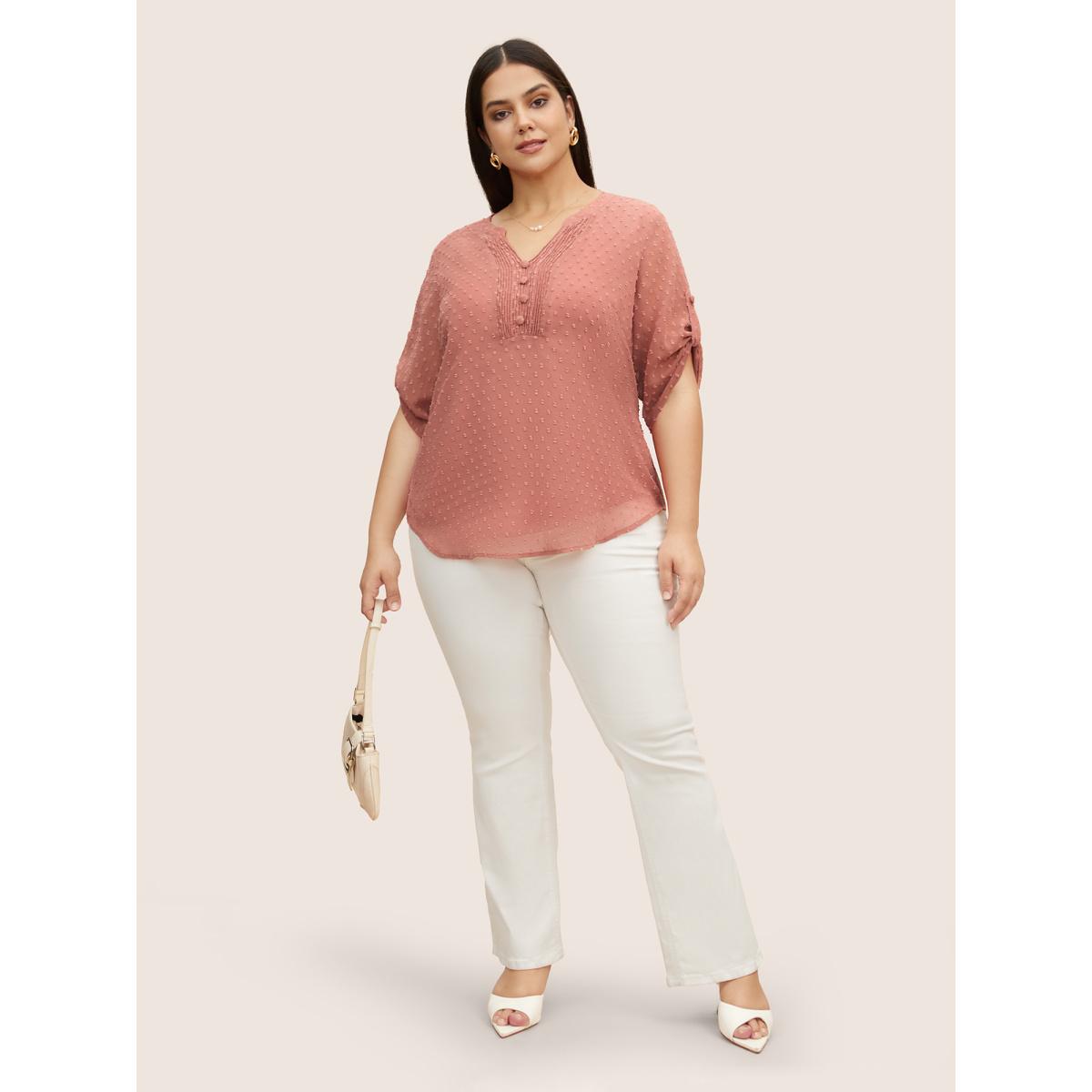 Plus Size DustyPink Chiffon Plain Textured Pleated Tab Sleeve Blouse Women At the Office Elbow-length sleeve Shirt collar Work Blouses BloomChic 14-16/1X Product Image