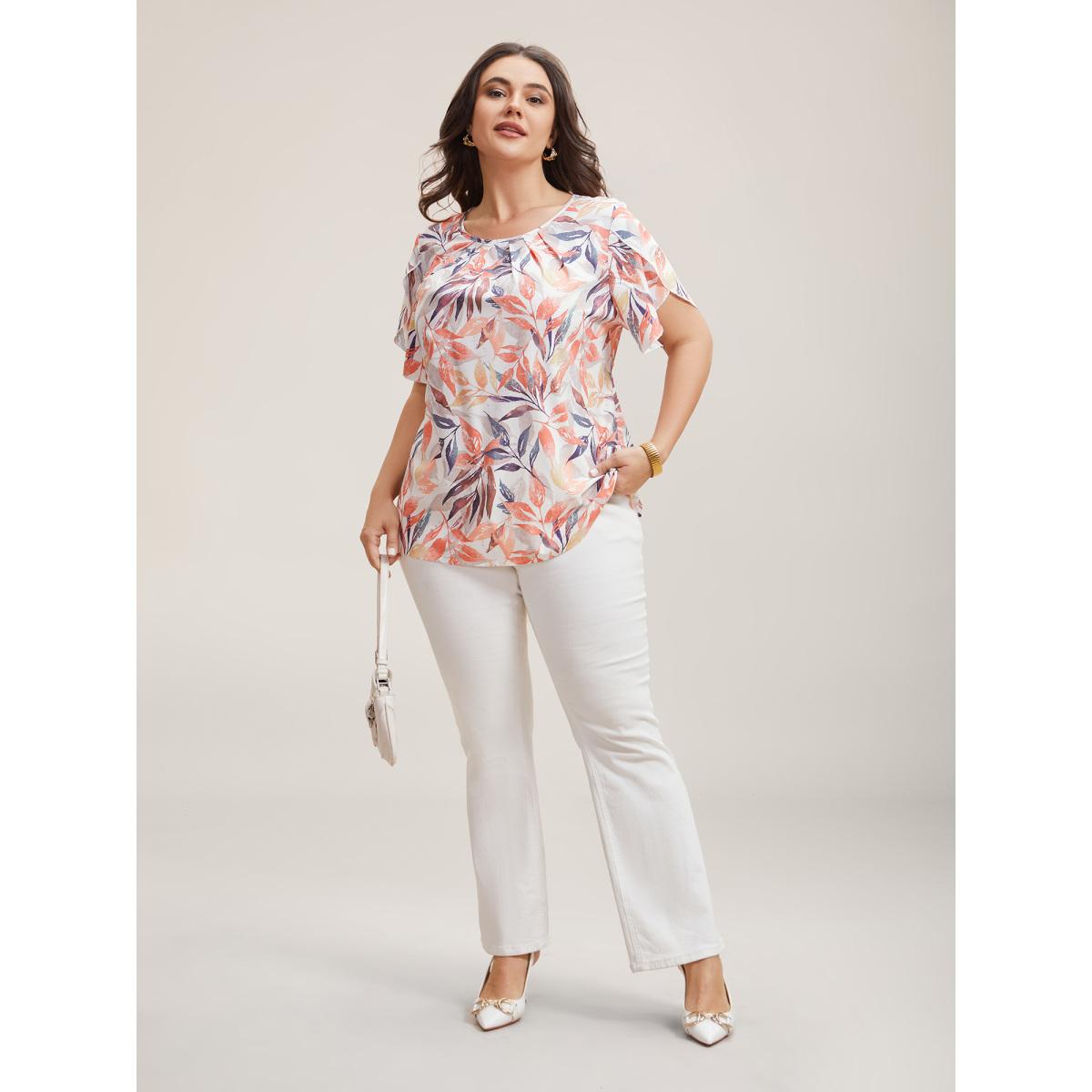 Plus Size Multicolor Floral Petal Sleeve Pleated Shirt Women Office Short sleeve Round Neck Office Blouses BloomChic 26/4X Product Image