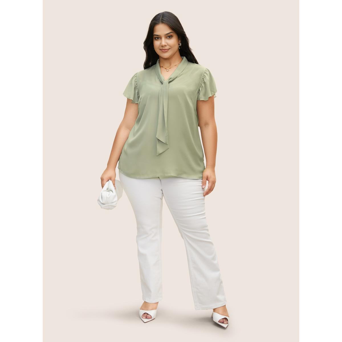 Plus Size Palemauve Ribbon Tied Collar Ruffle Sleeve Blouse Women At the Office Short sleeve Ribbon-tied collar Work Blouses BloomChic 10/M Product Image