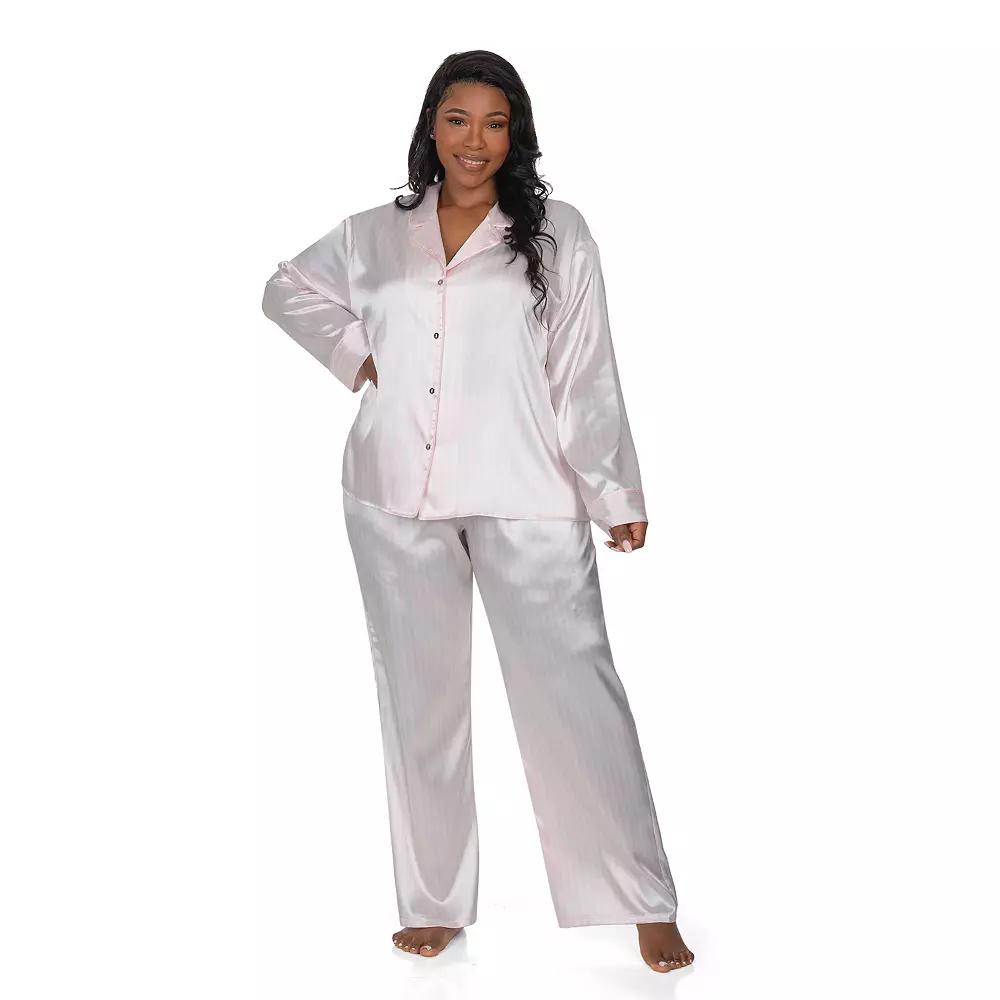 Plus Size Lilac+London Satin Notch Collar Pajama Top & Pajama Bottoms Set, Women's, Size: 1XL, Ivory Grey Product Image