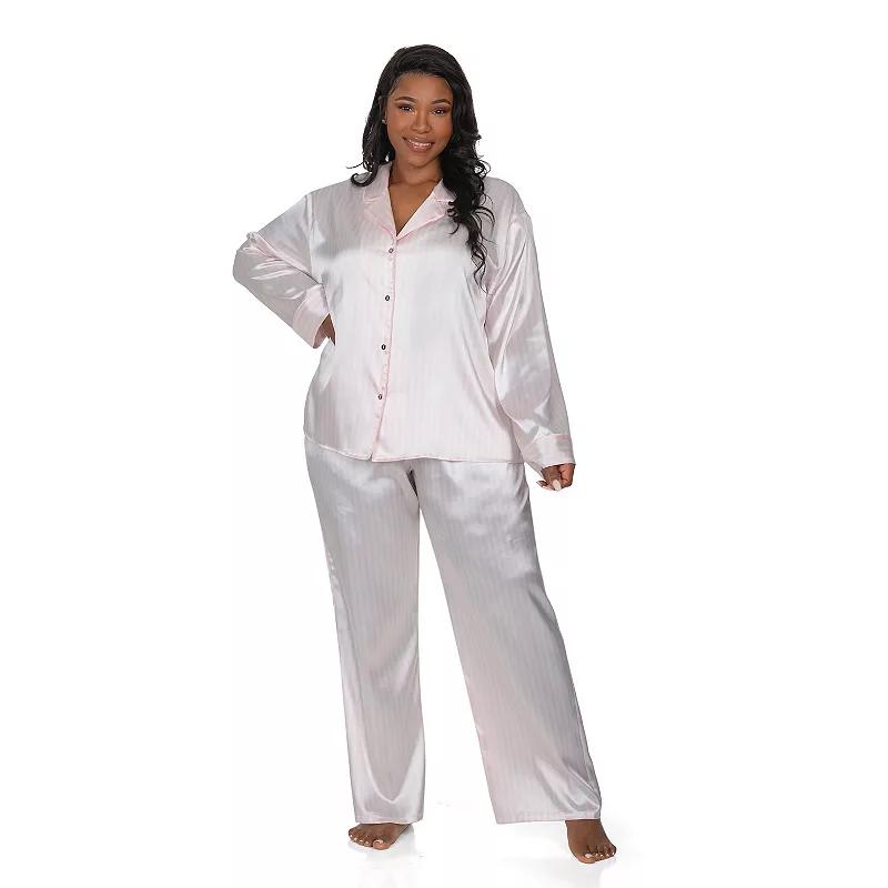 Plus Size Lilac+London Satin Notch Collar Pajama Top & Pajama Bottoms Set, Women's, Size: 1XL, Ivory Grey Product Image
