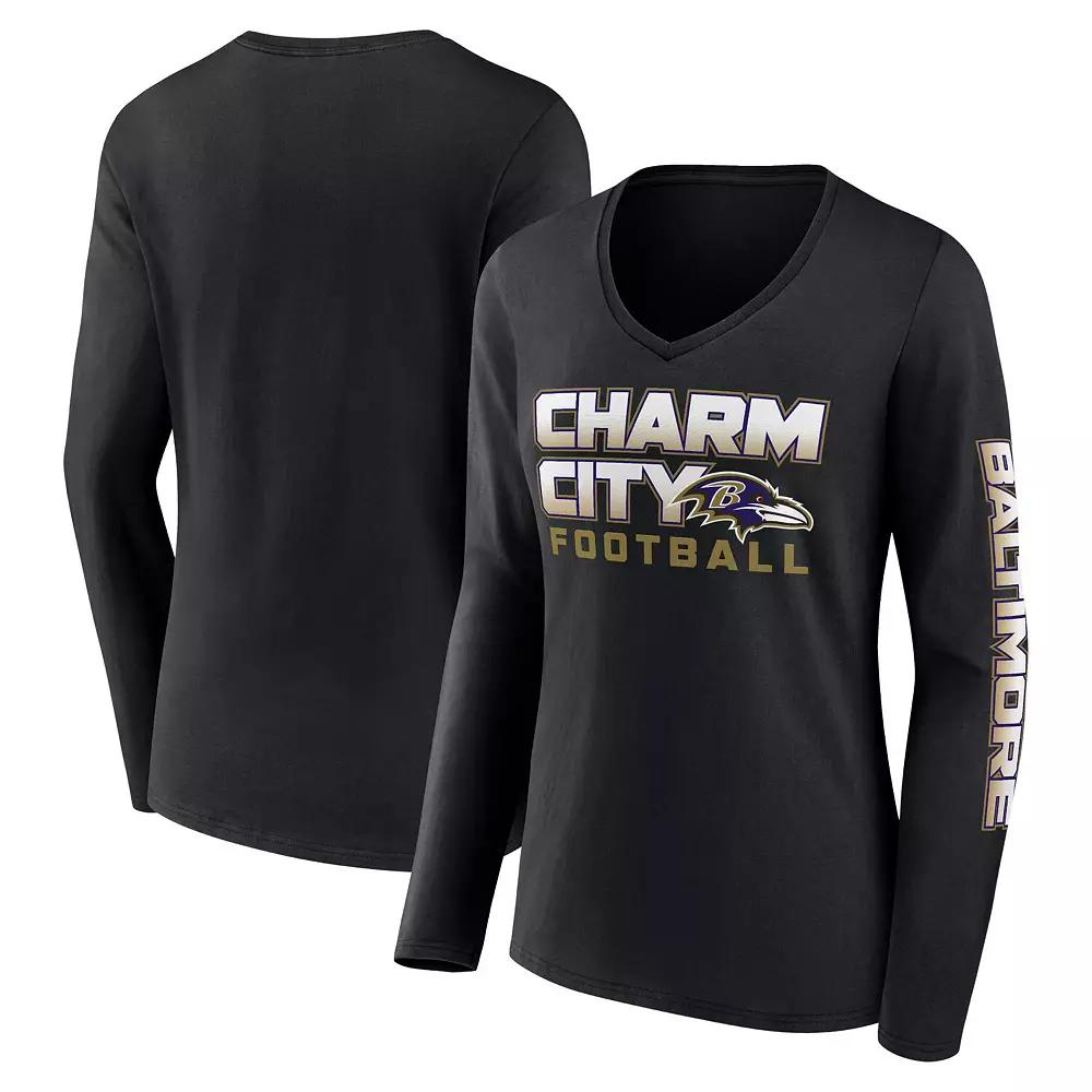Women's Fanatics Black Baltimore Ravens Hometown Sweep Long Sleeve V-Neck T-Shirt, Size: Small Product Image