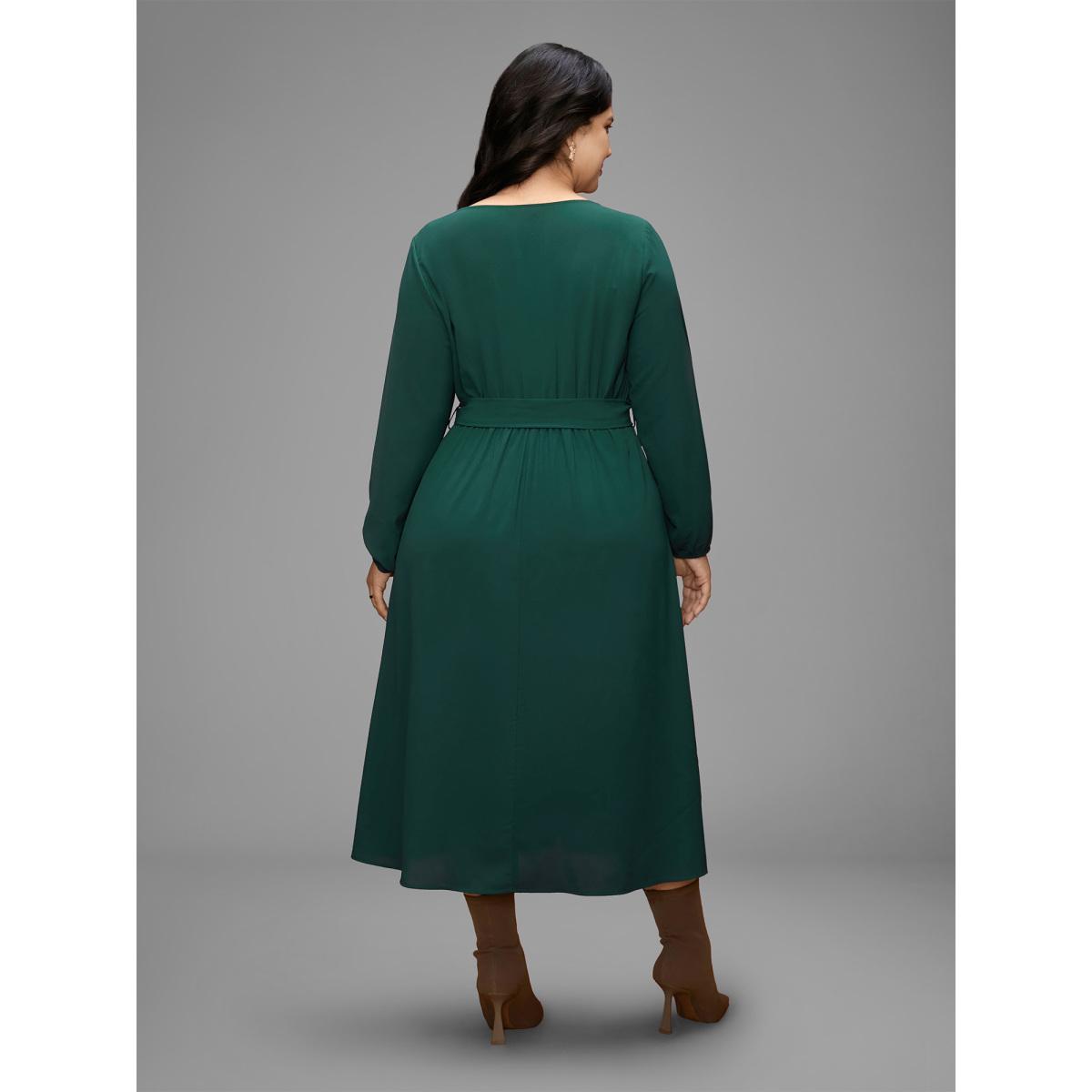 Plus Size Asymmetrical Neckline Waist-Tie Midi Dress DarkSlateGray Women Elegant Belted Party Curvy Bloomchic 26/4X Product Image