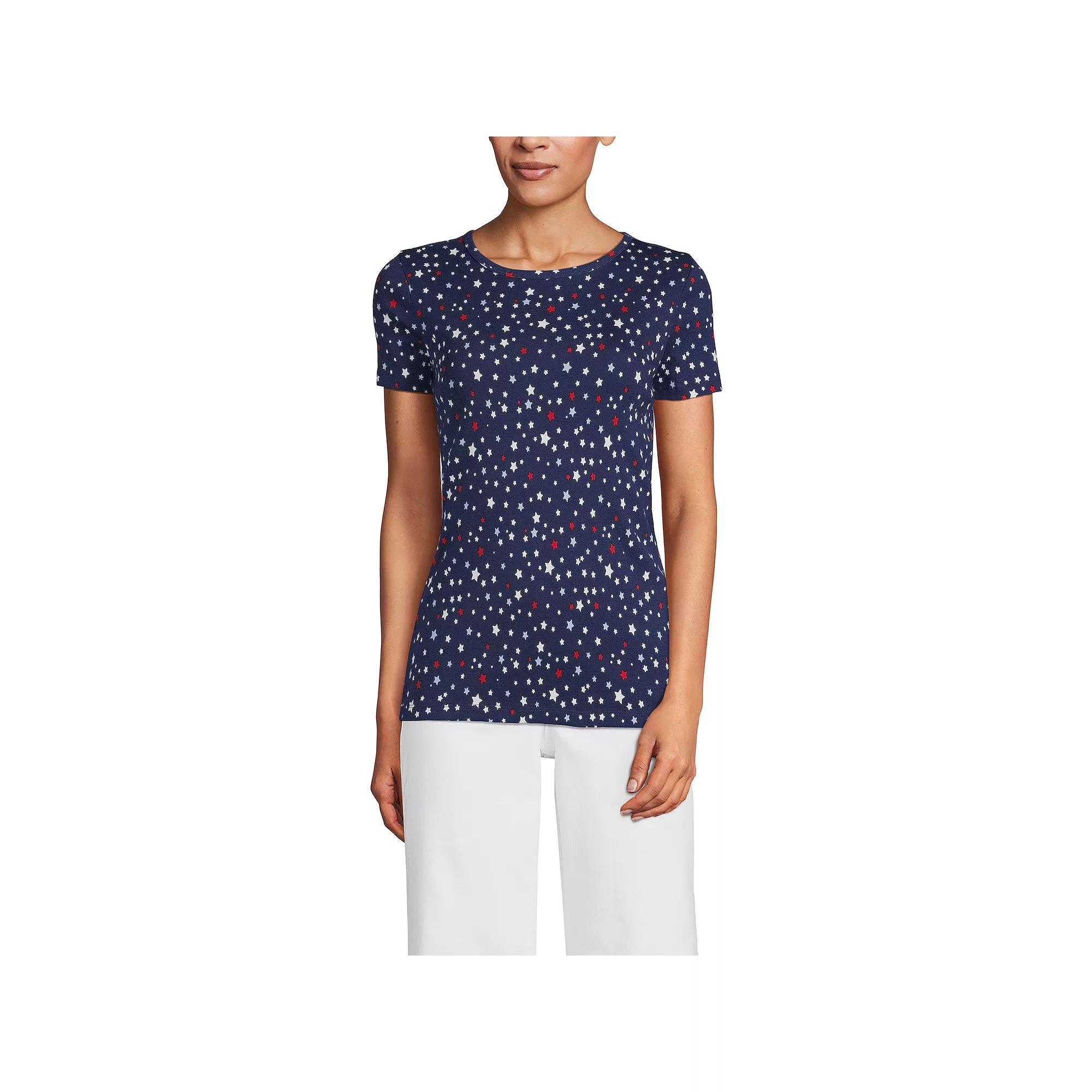 Women's Lands' End All-Cotton Crewneck Tee, Size: Medium, Blue Stencil Floral Product Image