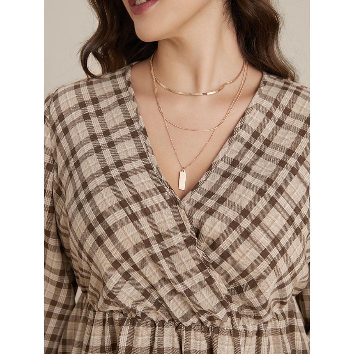 Plus Size LightBrown Plaid Lantern Sleeve Surplice Neck Blouse Women Elegant Long Sleeve V-neck Dailywear Blouses BloomChic 10/M Product Image