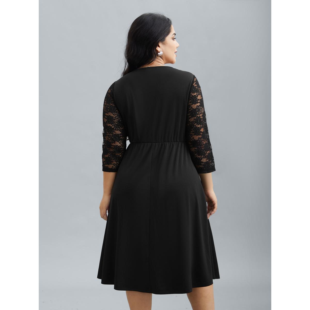 Plus Size Sheer Lace Sleeve Fit and Flare Midi Dress Black Women At the Office Woven ribbon&lace trim Asymmetrical Neck Elbow-length sleeve Curvy BloomChic 26/4X Product Image