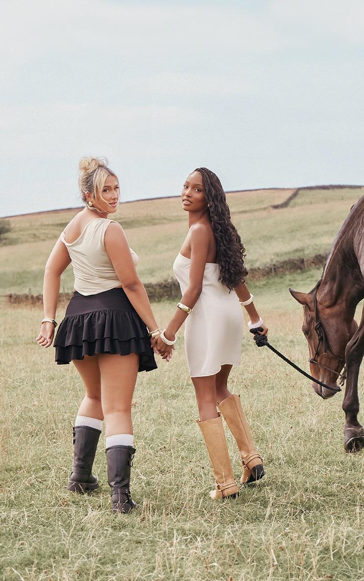 Plus Black Ruched Ruffle Detail Mini Skirt Product Image