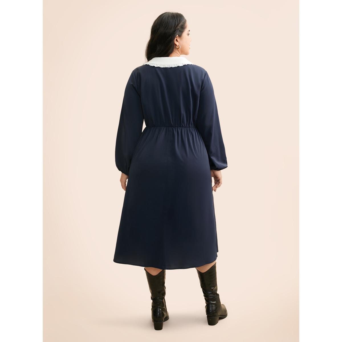 Plus Size Lapel Collar Bowknot Frill Trim Dress Navy Women Elegant Contrast Peter Pan collar Long Sleeve Curvy BloomChic 14-16/1X Product Image