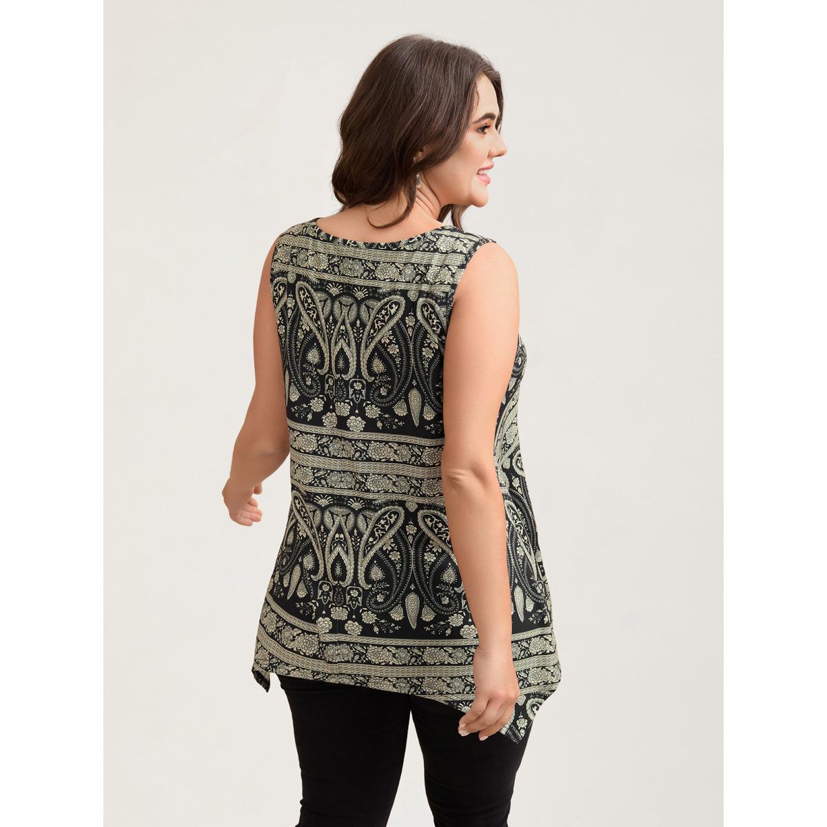 Plus Size Boho Print Flared Tank Top Women Black Casual Asymmetrical Round Neck Everyday Tank Tops Camis BloomChic 14-16/1X Product Image