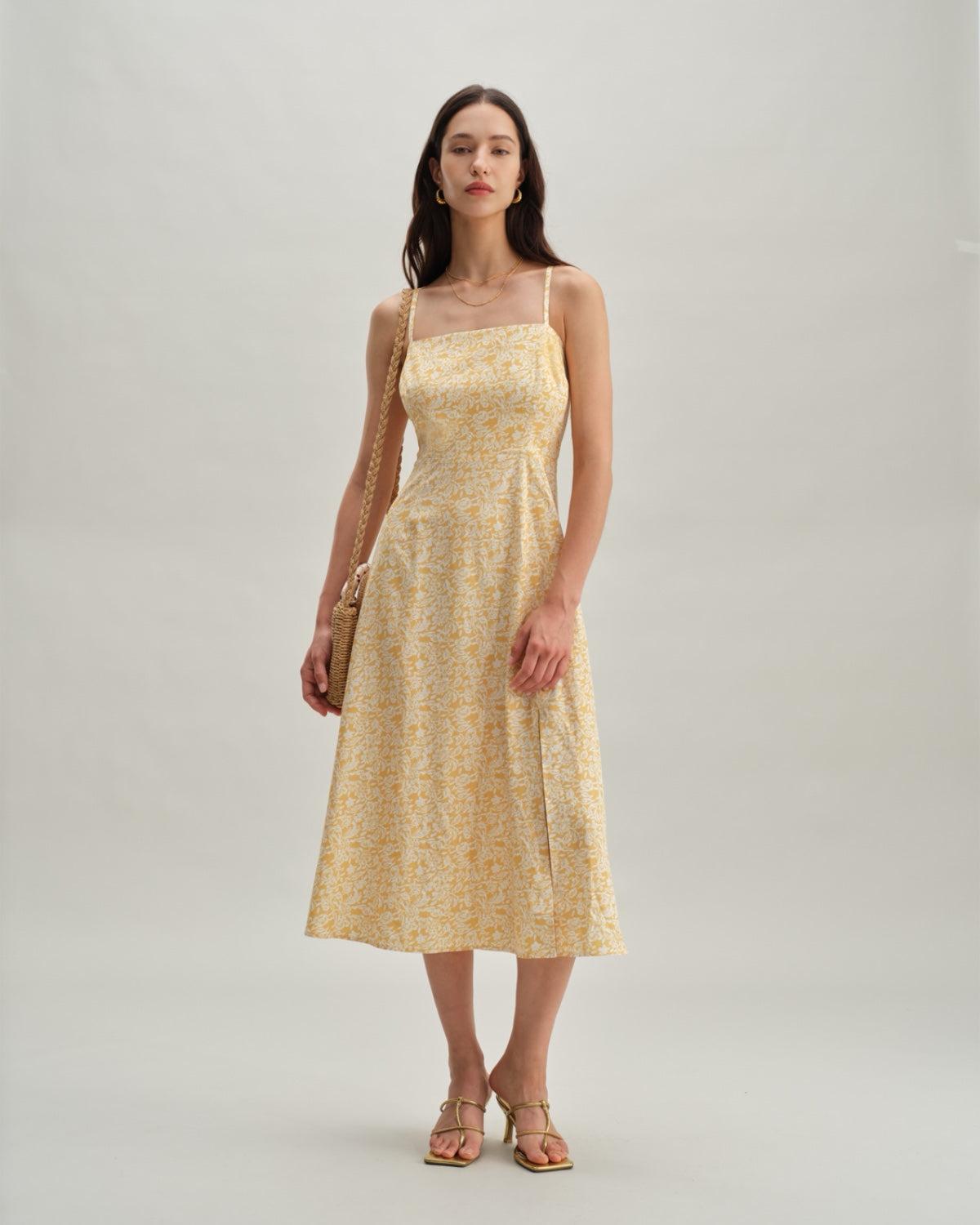 Yellow Floral Backless Slip Midi Dress Product Image