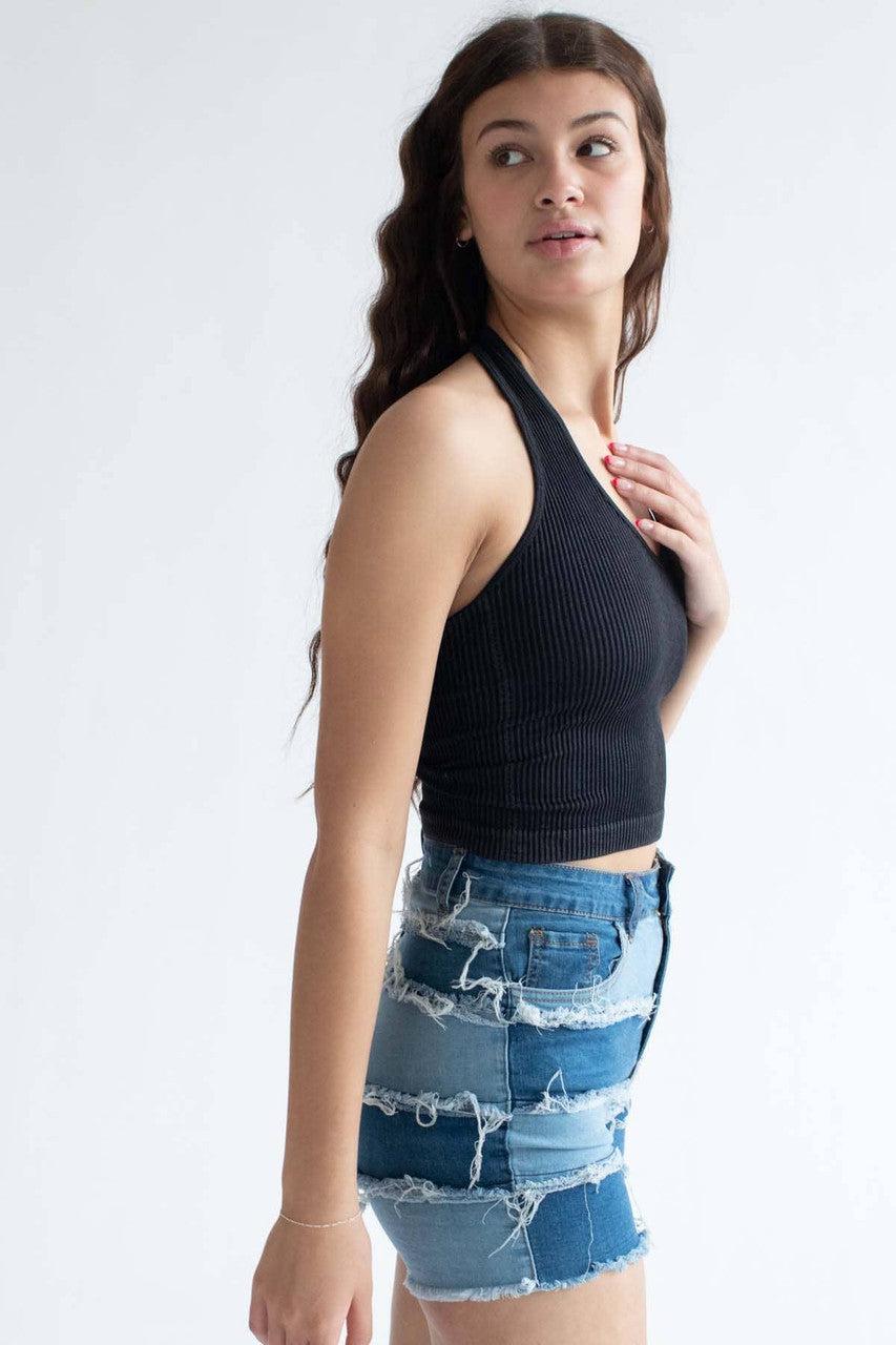 Black Washed Seamless Halter Top Product Image