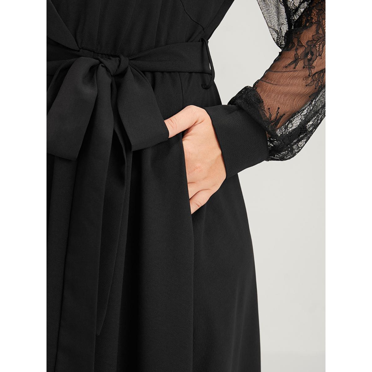 Plus Size Solid Lace Lantern Sleeve Button Lapel Collar Belted Maxi Dress Black Women Elegant Cross straps Lapel Collar Long Sleeve Curvy Long Dress BloomChic 22-24/3X Product Image