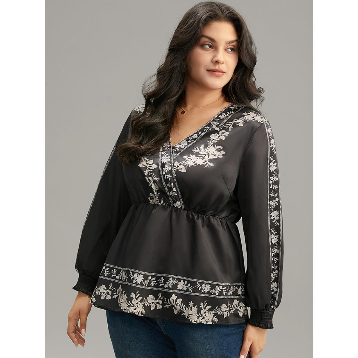 Plus Size BlackFlower Boho Print Shirred Lantern Sleeve Blouse Women Resort Long Sleeve V-neck Vacation Blouses BloomChic 12/L Product Image