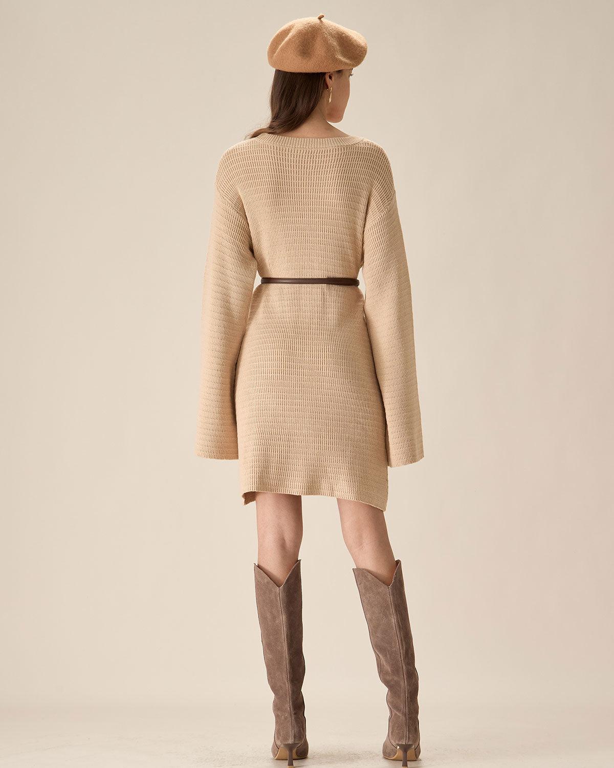 Beige Drop Shoulder Sweater Mini Dress Product Image