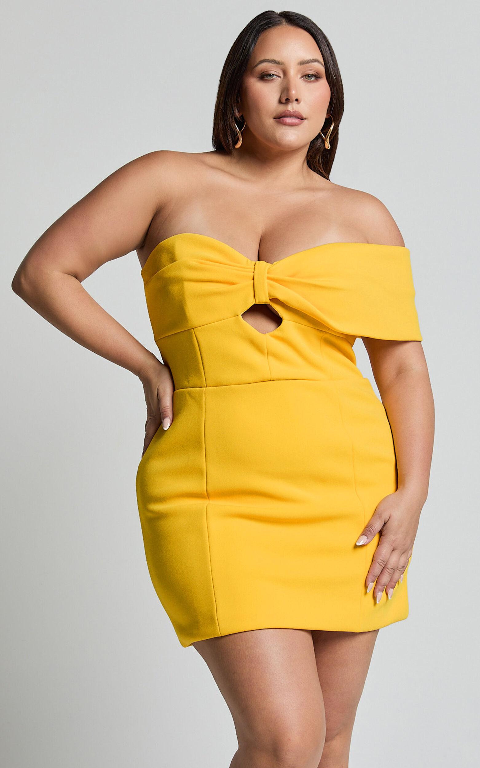 Amalie The Label - Seleste Off Shoulder Bow Detail Mini Dress in Yellow Product Image