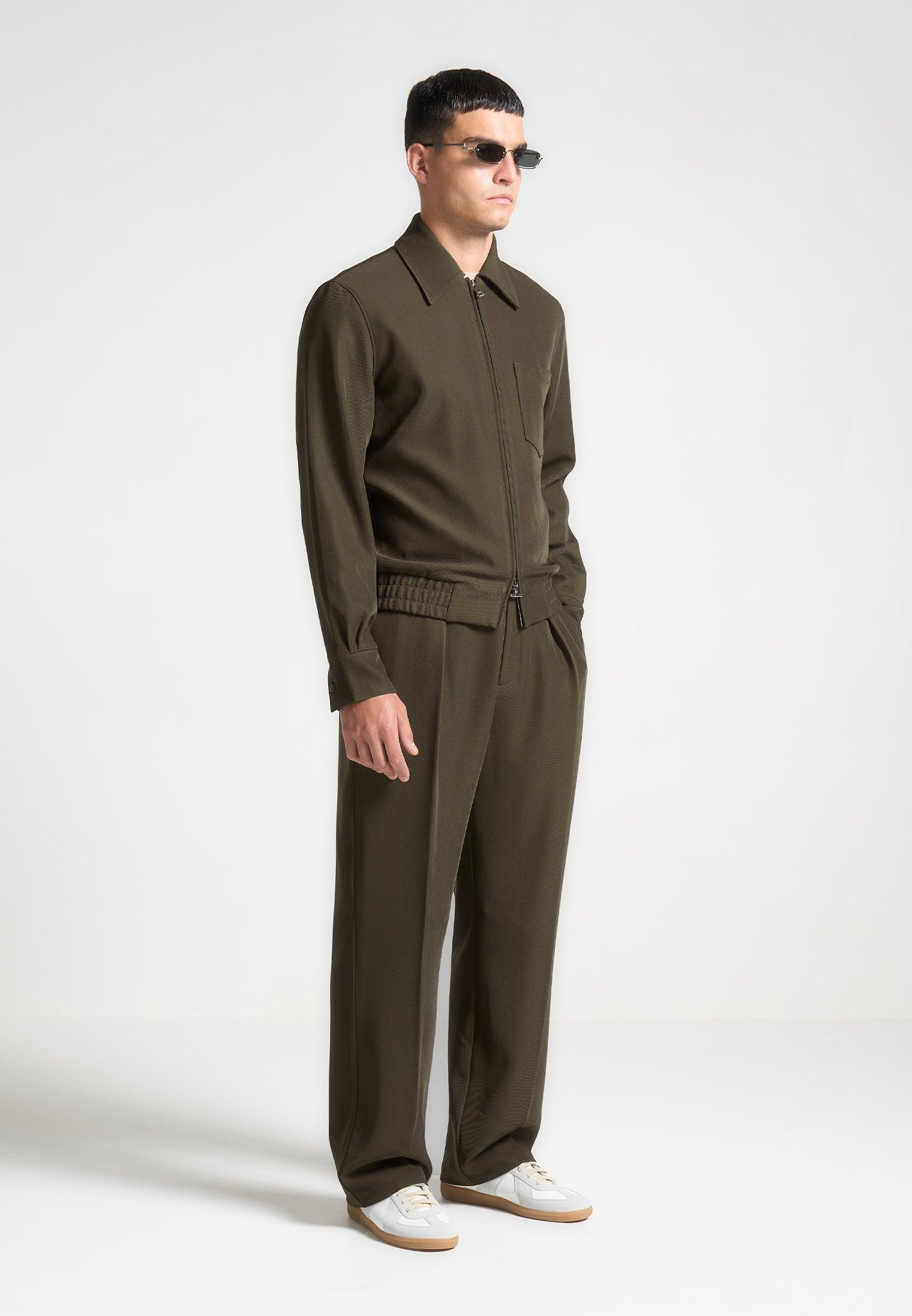 Relaxed Fit Twill Pleated Tailored Trousers - Khaki Male Product Image
