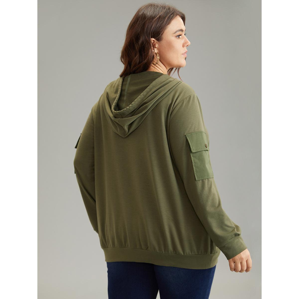 Plus Size Solid Flap Pocket Hooded Drawstring Sweatshirt Women ArmyGreen Casual Plain Hooded Dailywear Sweatshirts BloomChic 28/5X Product Image