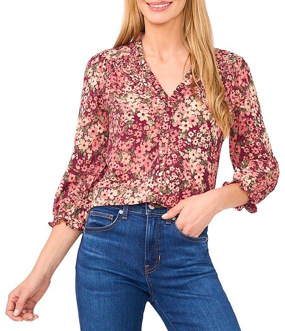 CeCe Woven Floral Print V-Neck 3/4 Sleeve Blouse Product Image