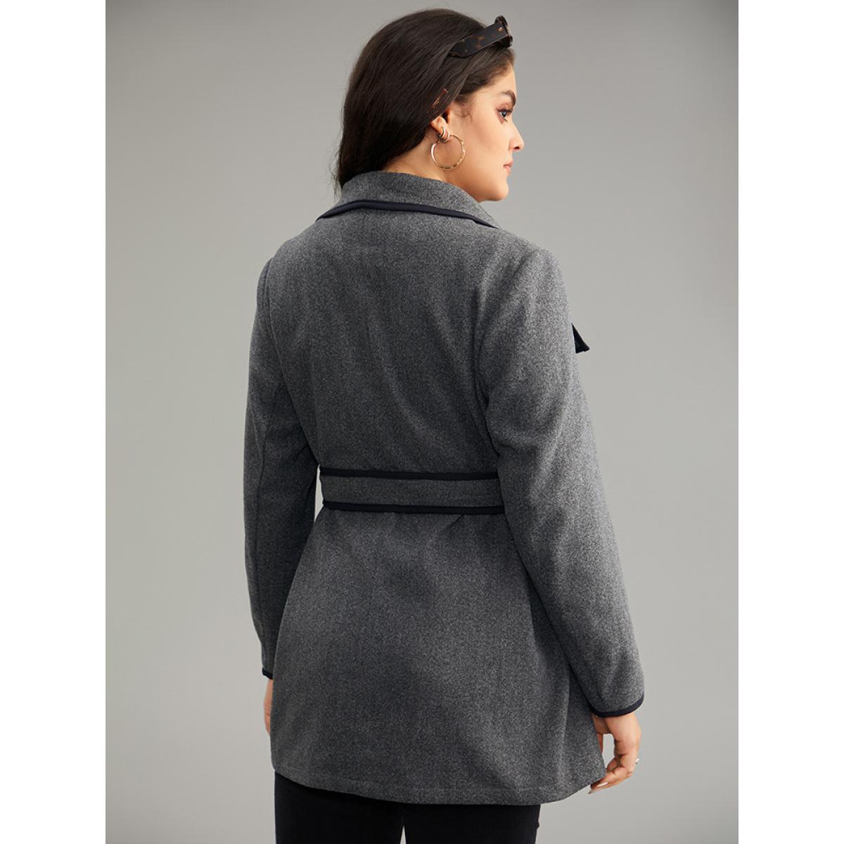 Plus Size Lapel Collar Contrast Trim Belted Button Up Coat Women DimGray Casual Belted Ladies Dailywear Winter Coats BloomChic 30/6X Product Image