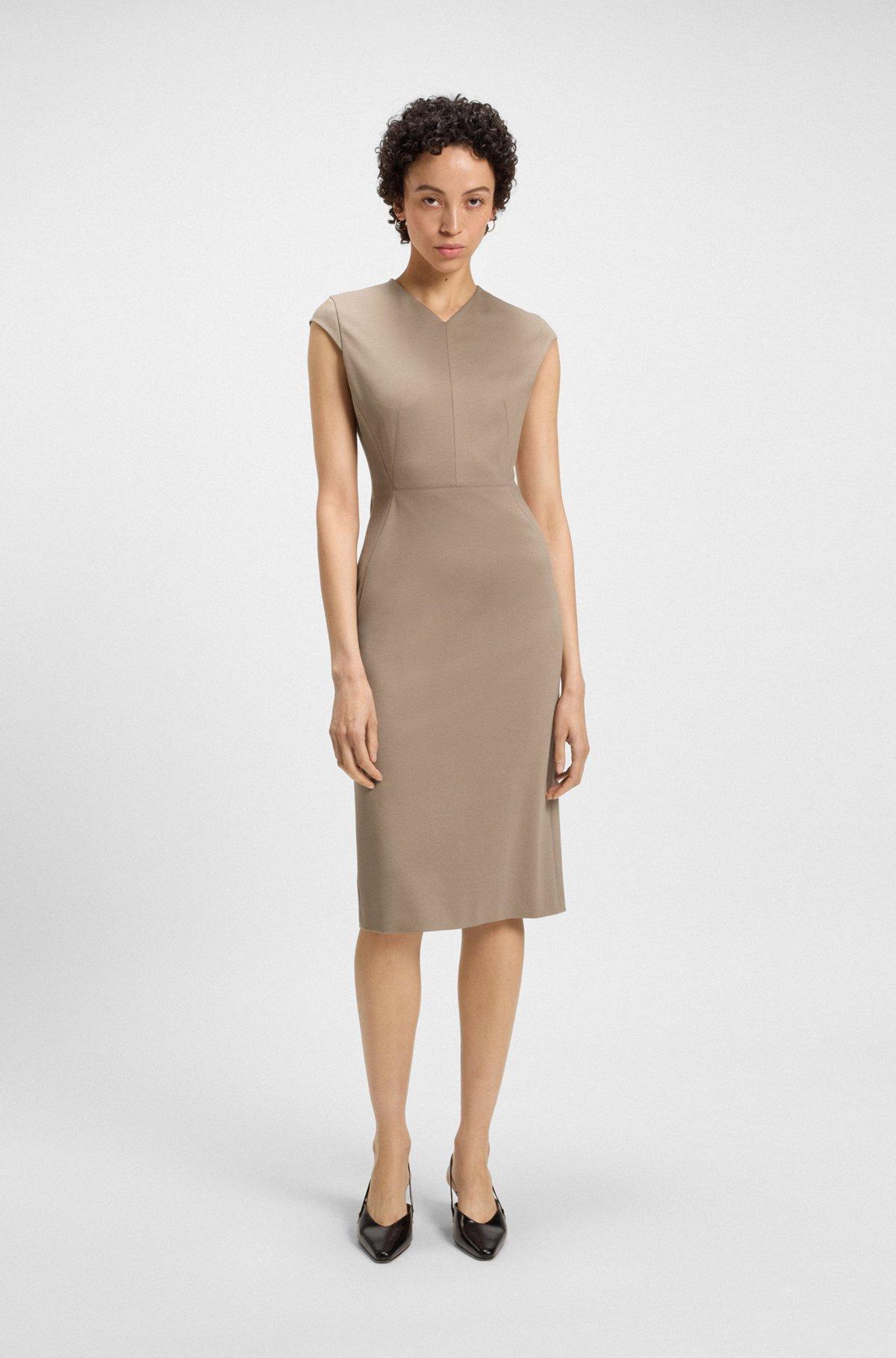 BOSS - Cap-sleeve dress in stretch fabric - Light Brown Product Image