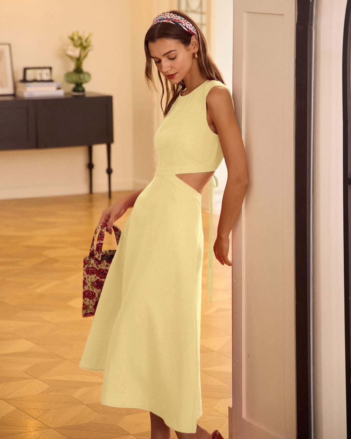 Yellow Round Neck Cut-Out Midi Dress Product Image