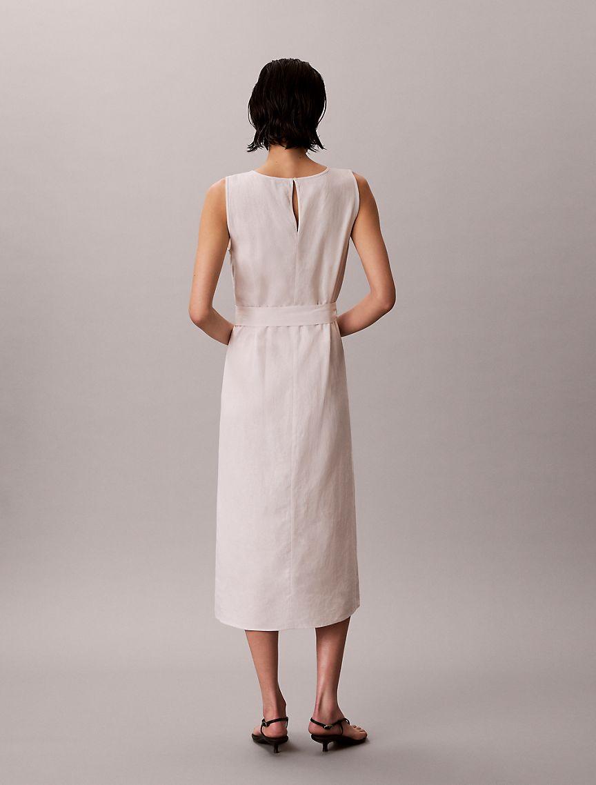 Linen Blend V-Neck Sleeveless Belted Dress Product Image