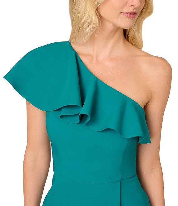 Adrianna by Adrianna Papell Stretch Crepe One Shoulder Ruffle Neck Asymmetrical Hem Wrap Waist Dress Product Image